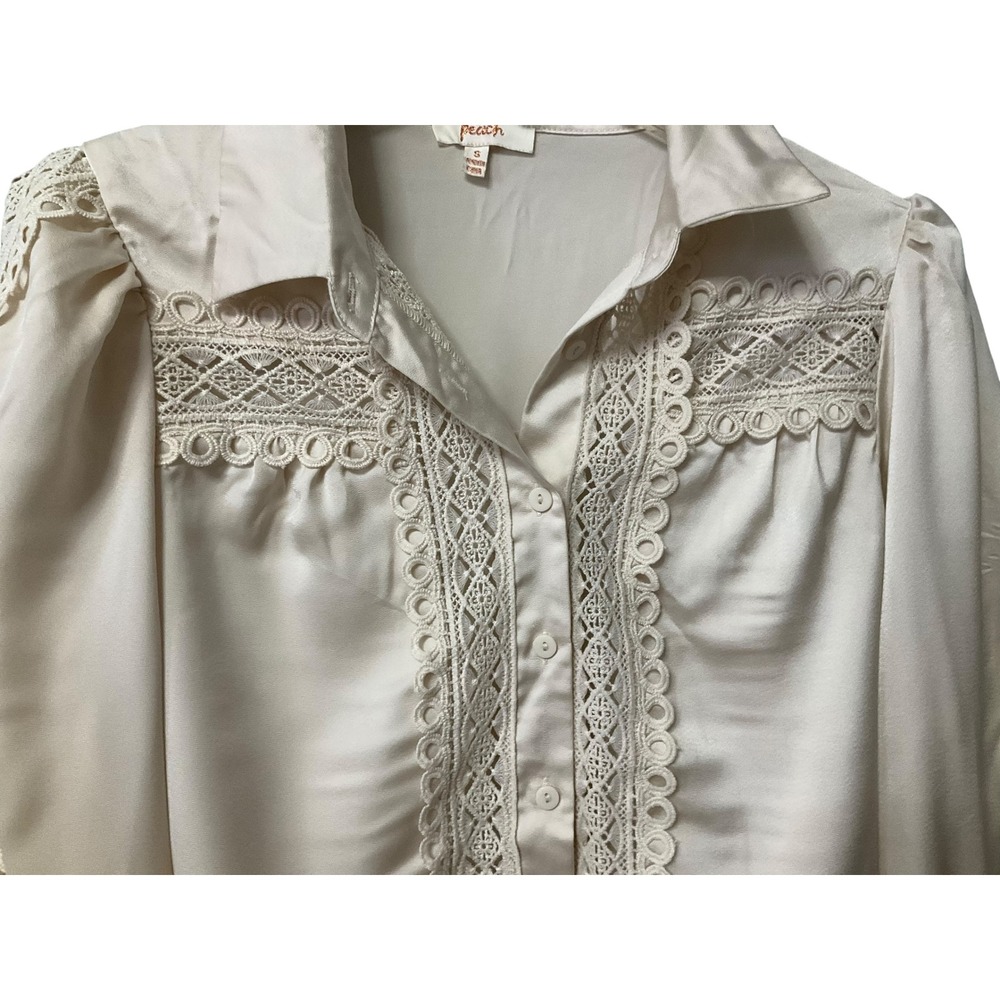 Peach Cream Satin Crochet Lace Blouse Long Sleeve Button Down Puff Shoulder SZ S - Picture 5 of 7